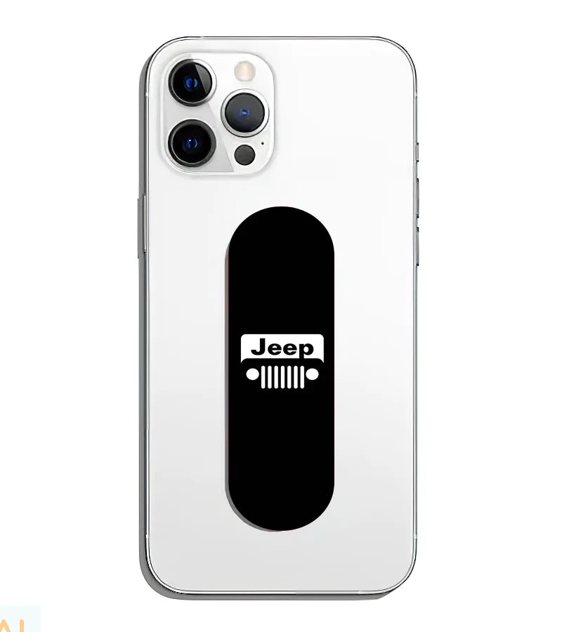 A phone grip slider applied to the back of a smartphone.