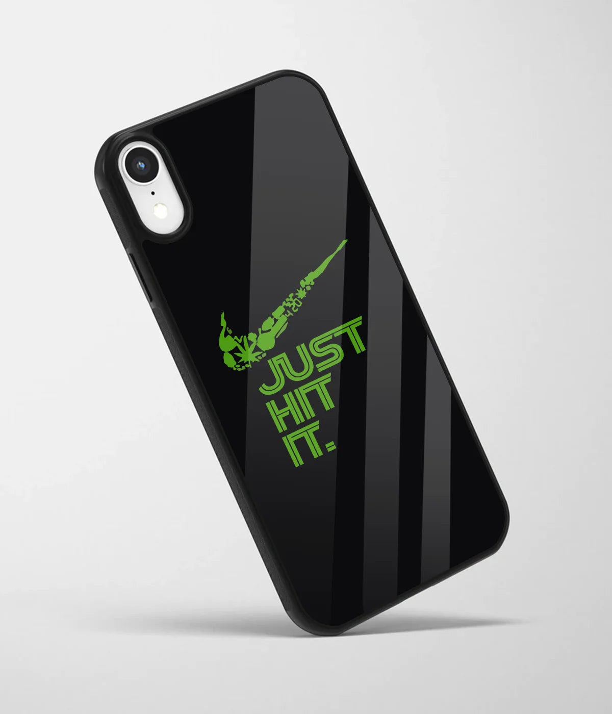 An angled view of a glass phone case featuring a vibrant design.