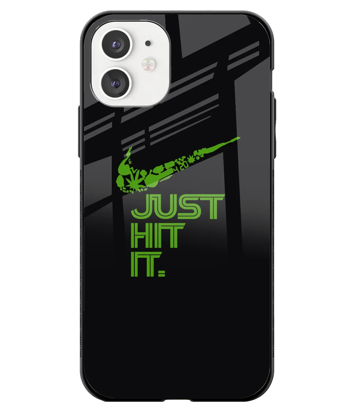 A front-on view of a glass phone case with a colorful design.