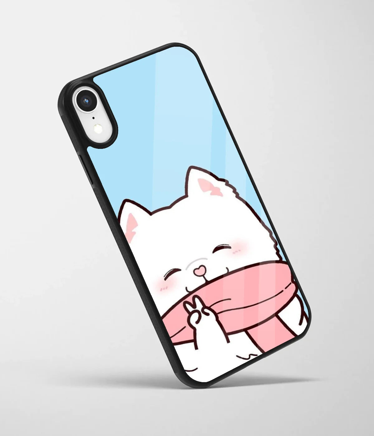 An angled view of a glass phone case featuring a vibrant design.