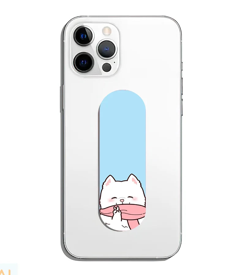 A phone grip slider applied to the back of a smartphone.