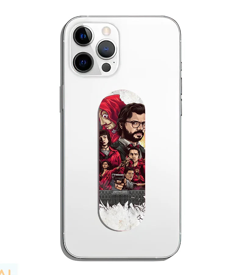 A phone grip slider applied to the back of a smartphone.