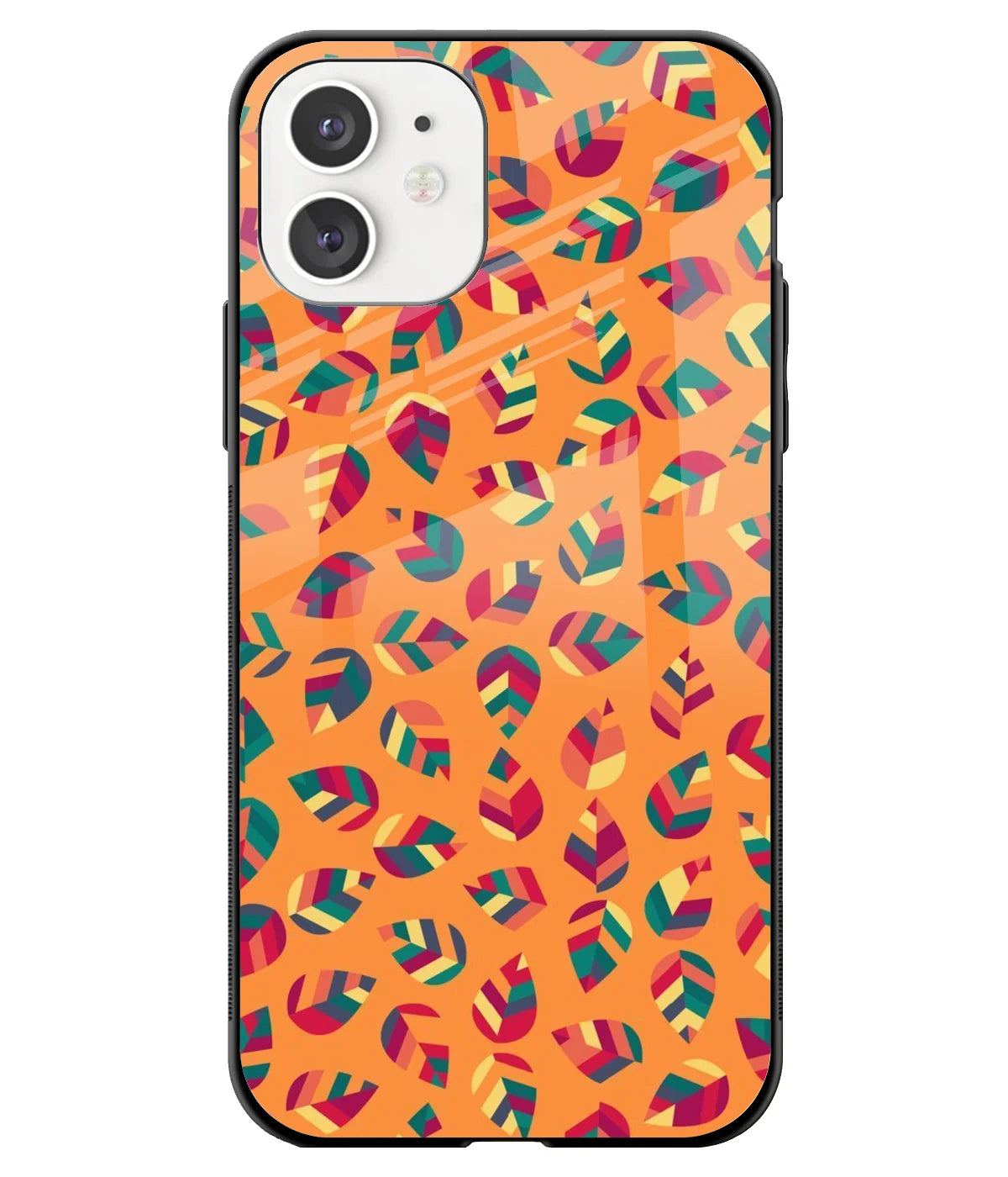 A front-on view of a glass phone case with a colorful design.