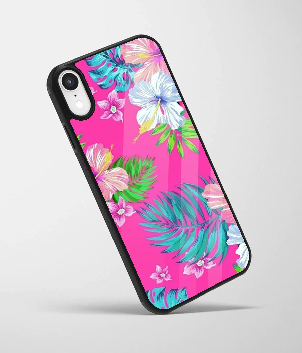 An angled view of a glass phone case featuring a vibrant design.