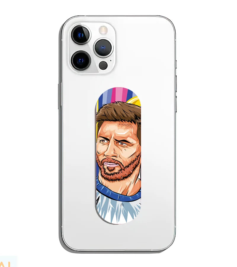 A phone grip slider applied to the back of a smartphone.