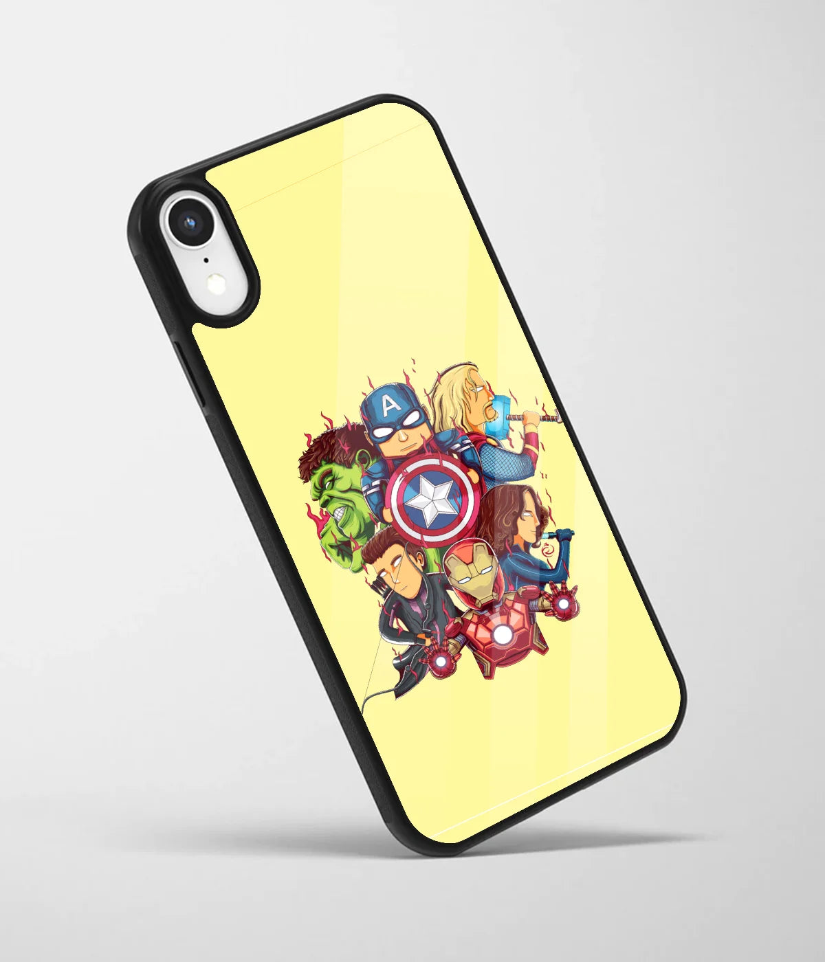 An angled view of a glass phone case featuring a vibrant design.