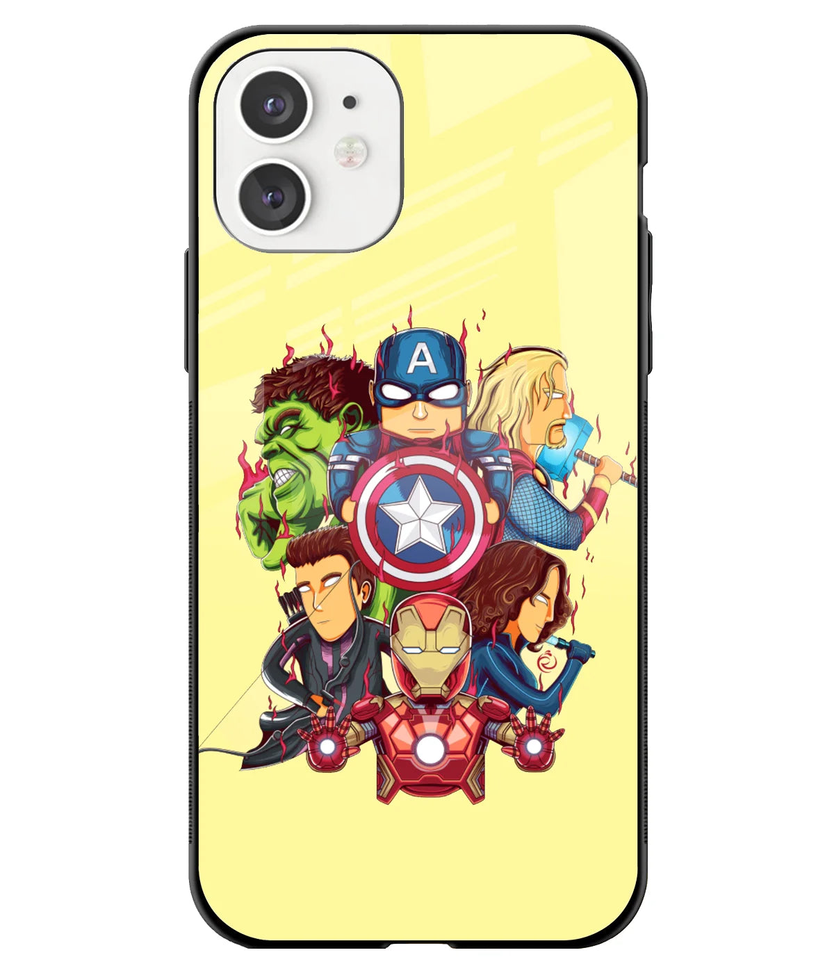 A front-on view of a glass phone case with a colorful design.