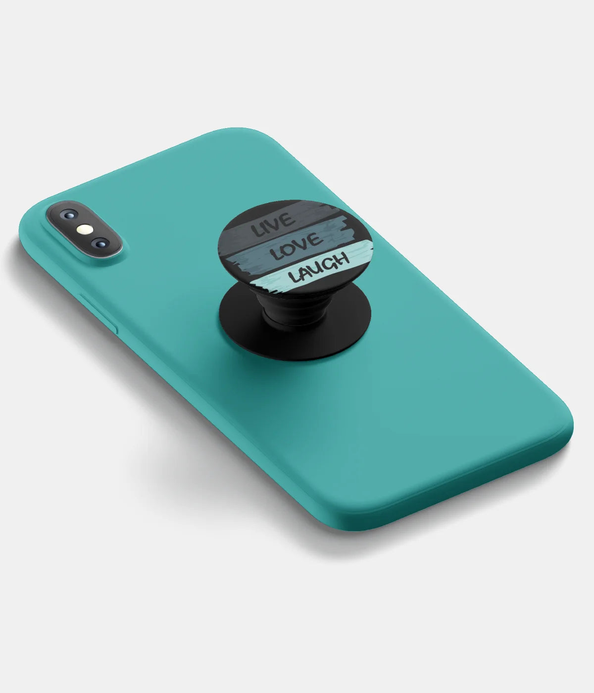 A top-down view of a phone grip holder attached to a mobile phone case on a white background