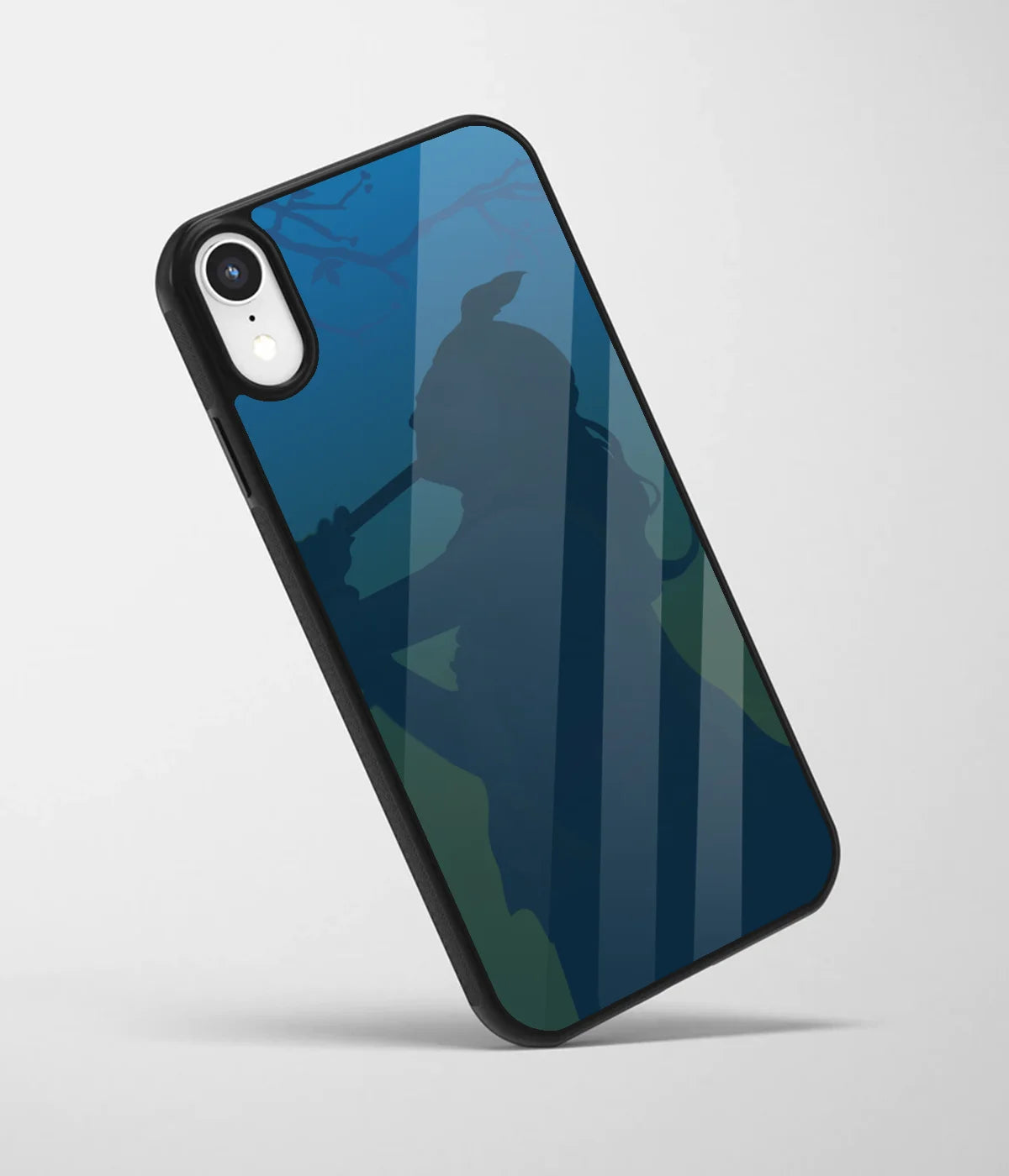 An angled view of a glass phone case featuring a vibrant design.