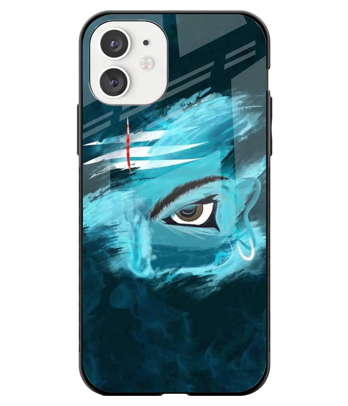 A front-on view of a glass phone case with a colorful design.