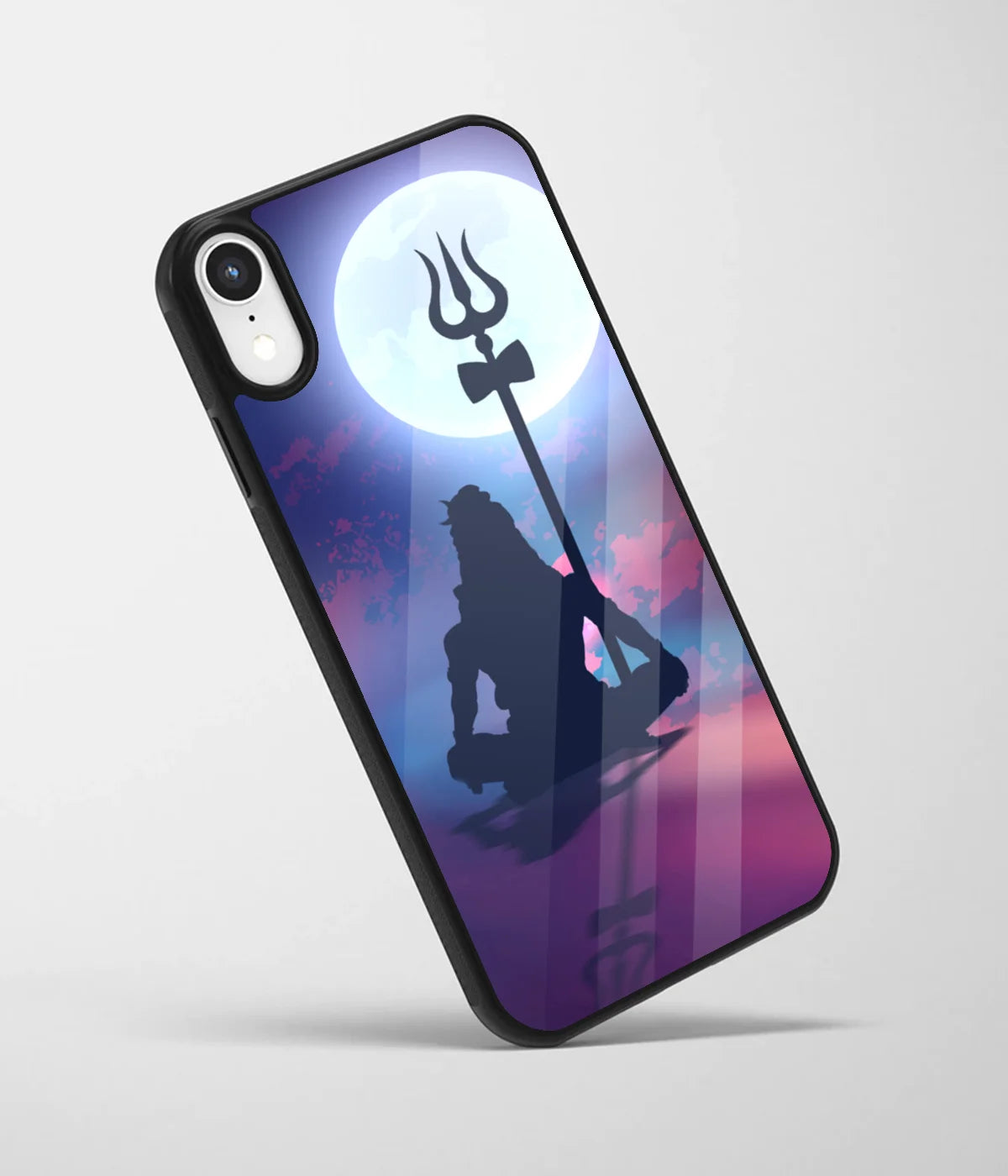 An angled view of a glass phone case featuring a vibrant design.