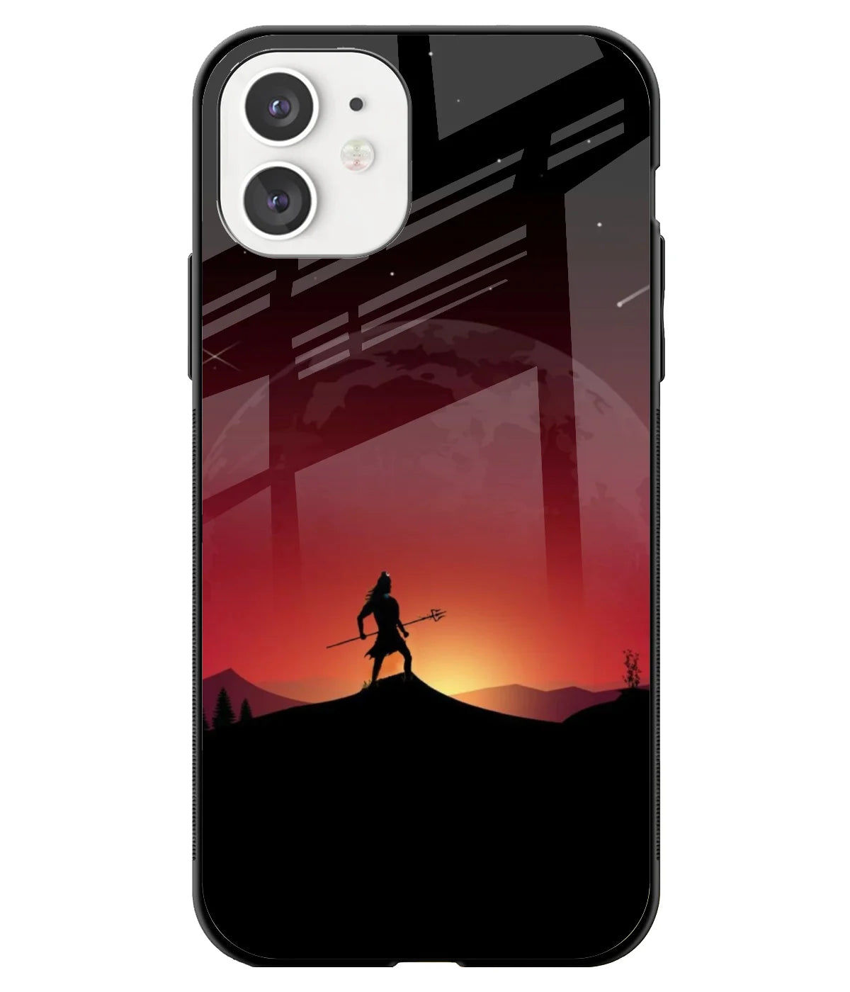 A front-on view of a glass phone case with a colorful design.