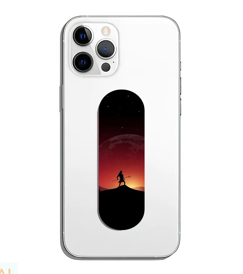 A phone grip slider applied to the back of a smartphone.