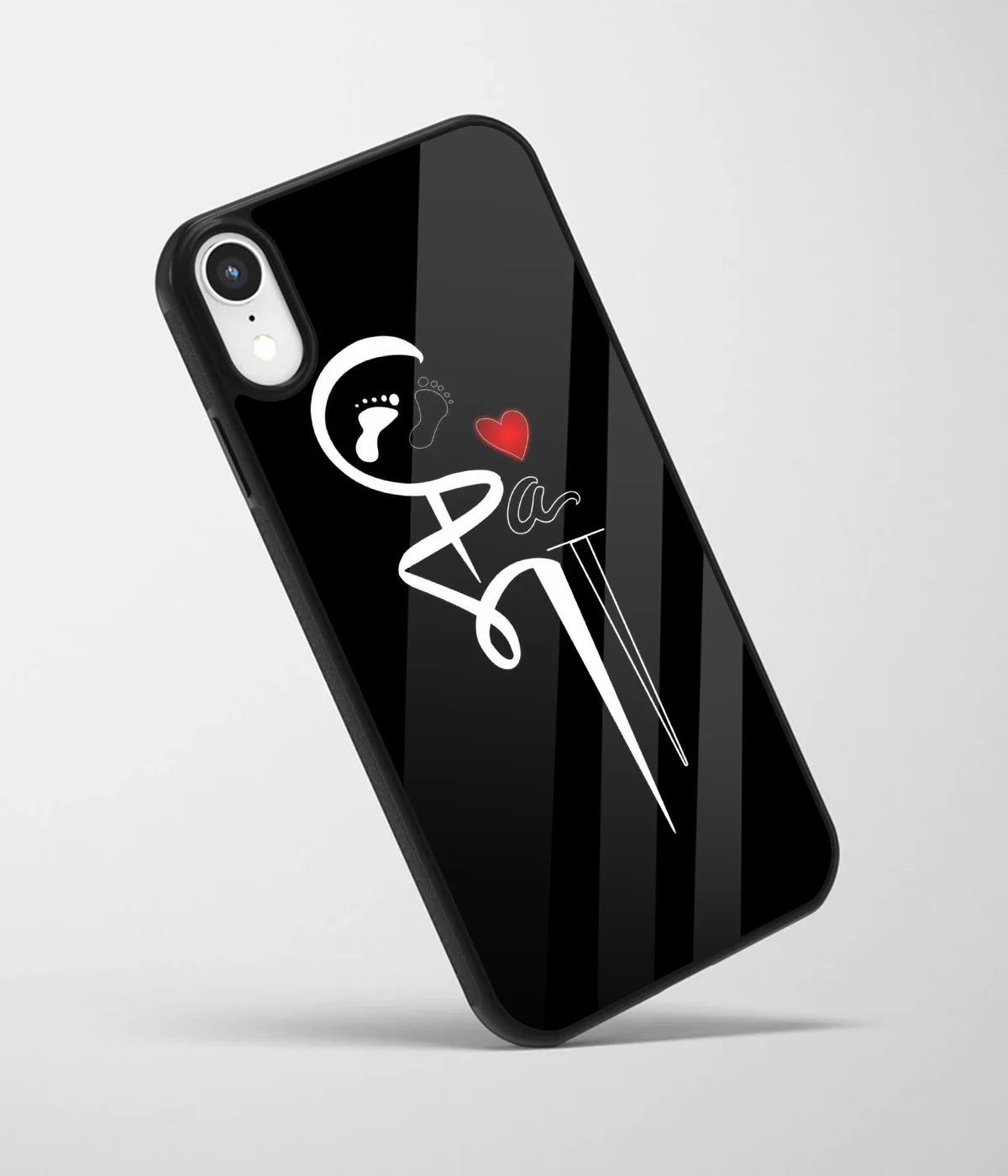 An angled view of a glass phone case featuring a vibrant design.