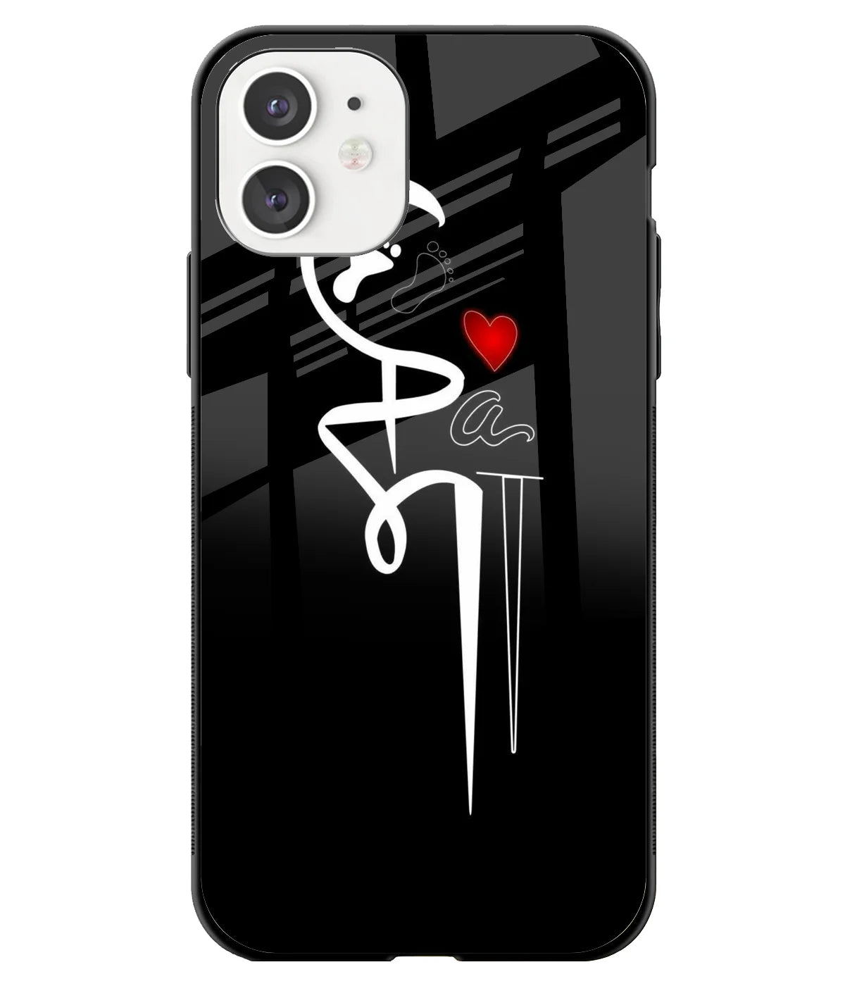 A front-on view of a glass phone case with a colorful design.