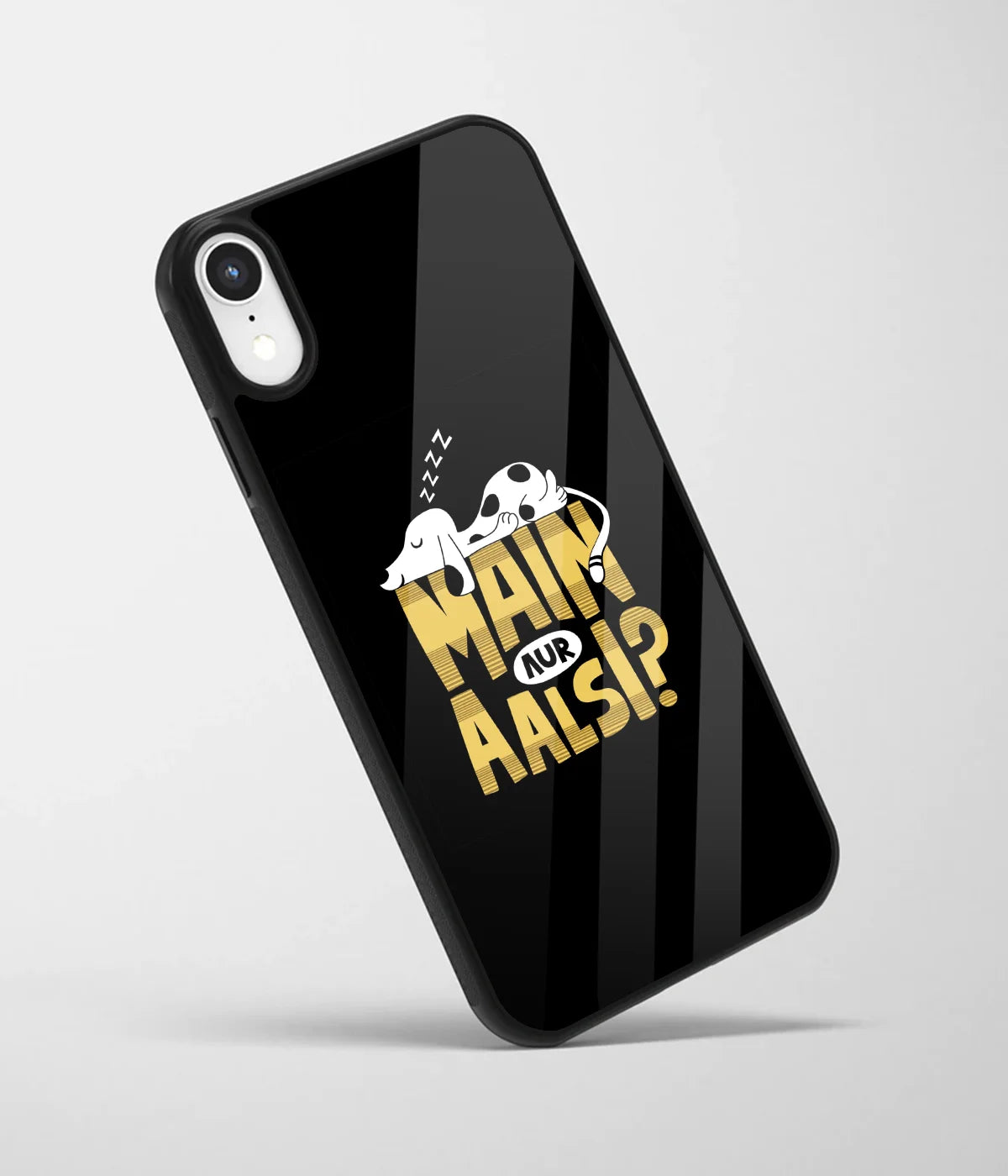 An angled view of a glass phone case featuring a vibrant design.