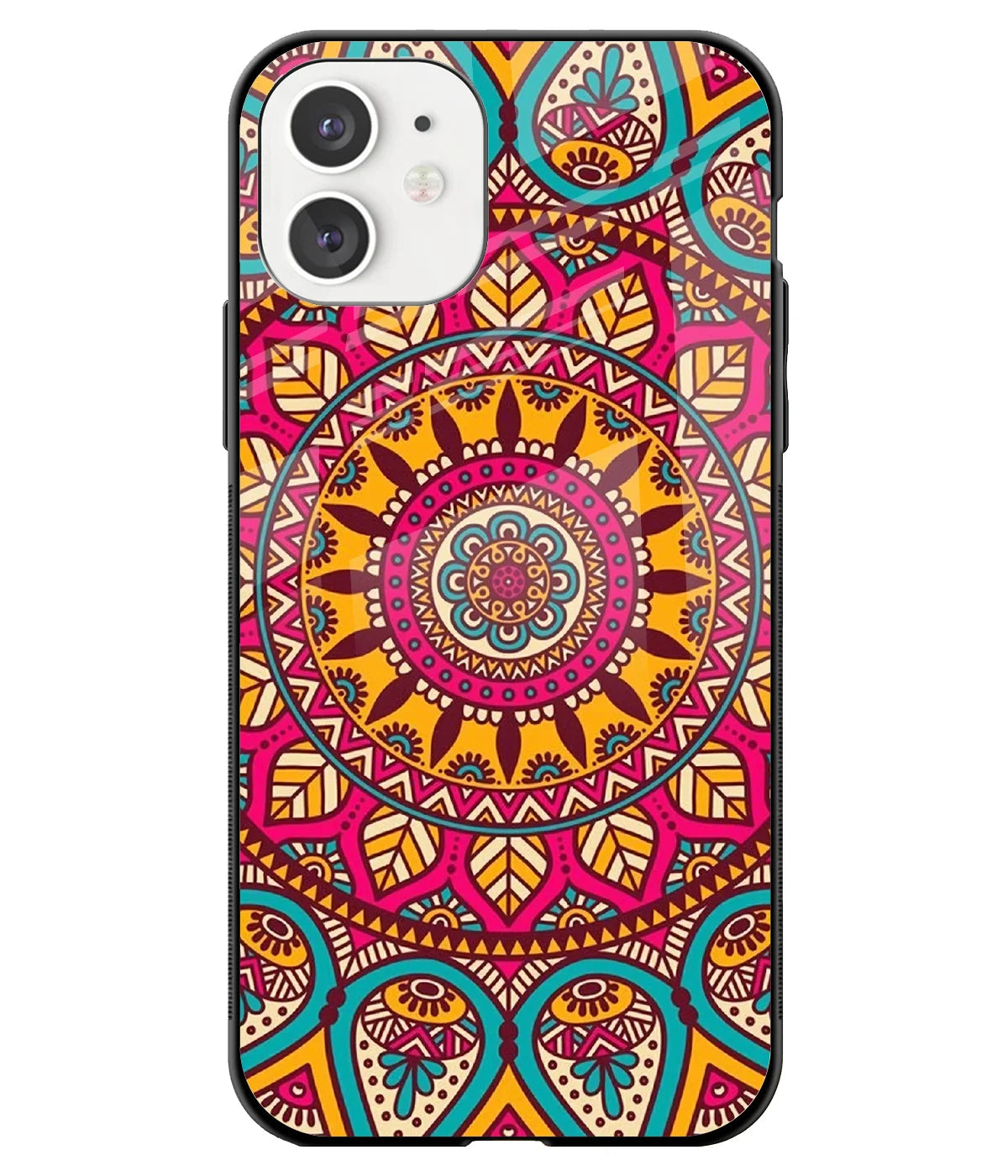 A front-on view of a glass phone case with a colorful design.