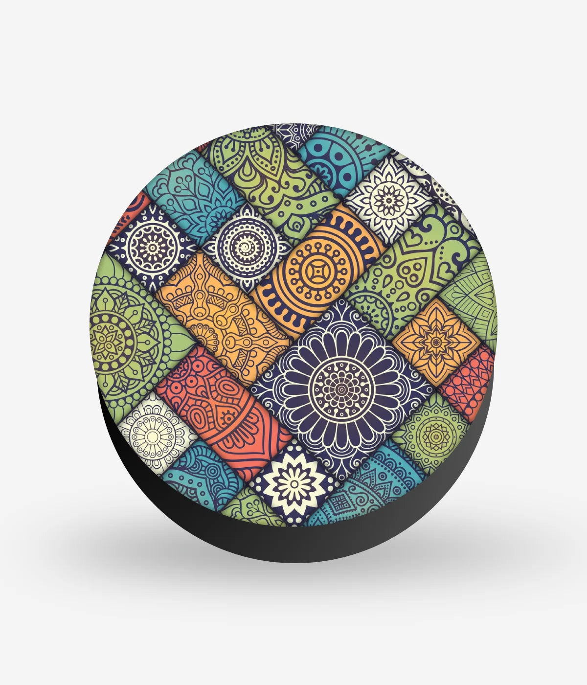 Mobile phone grip with a colorful design on a white background