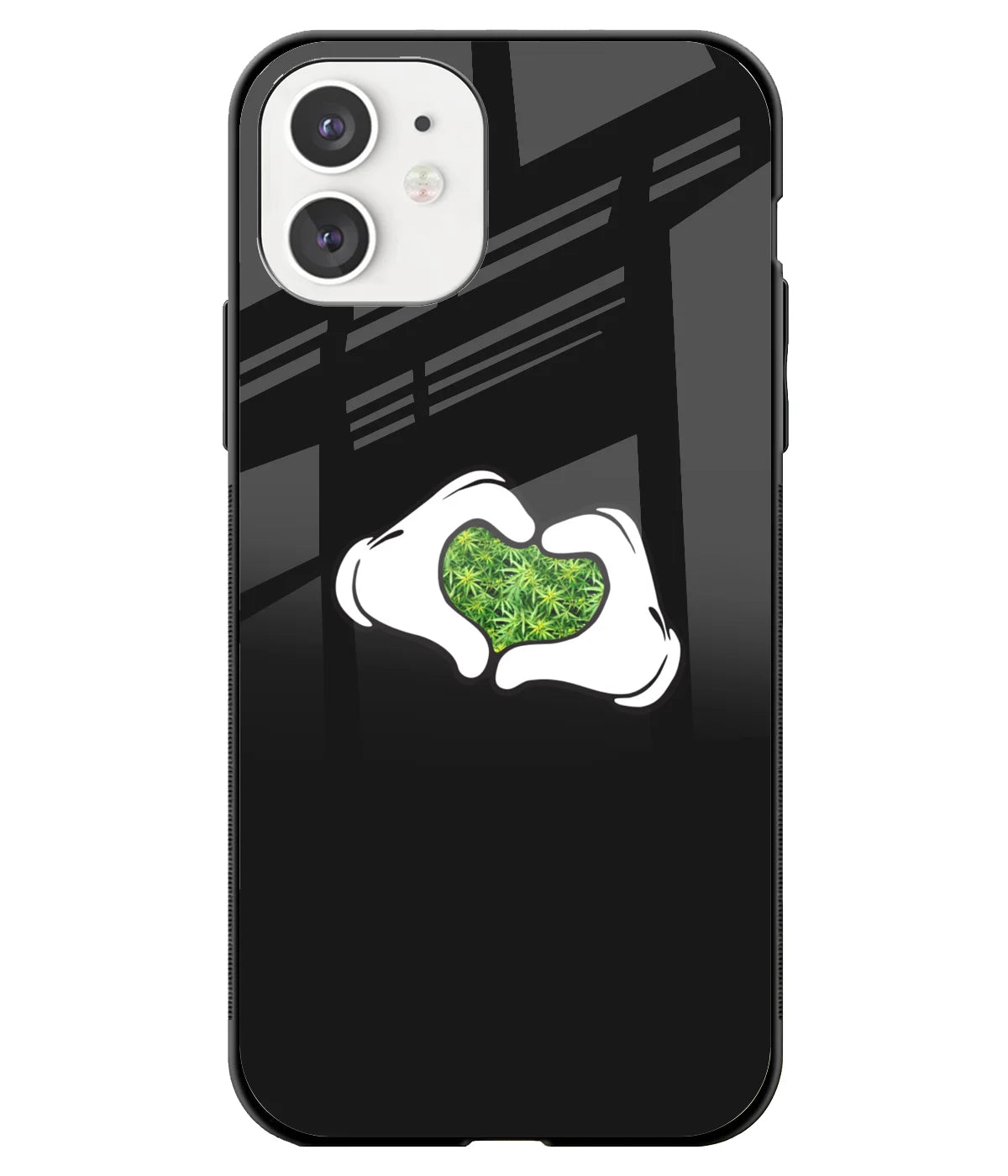 A front-on view of a glass phone case with a colorful design.