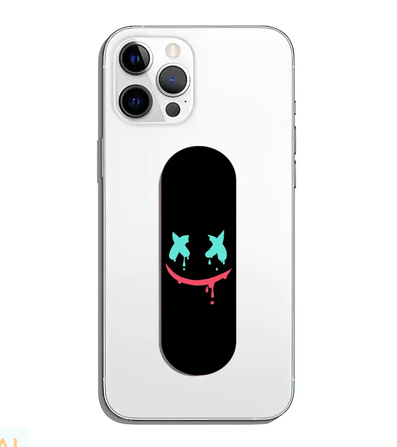 A phone grip slider applied to the back of a smartphone.