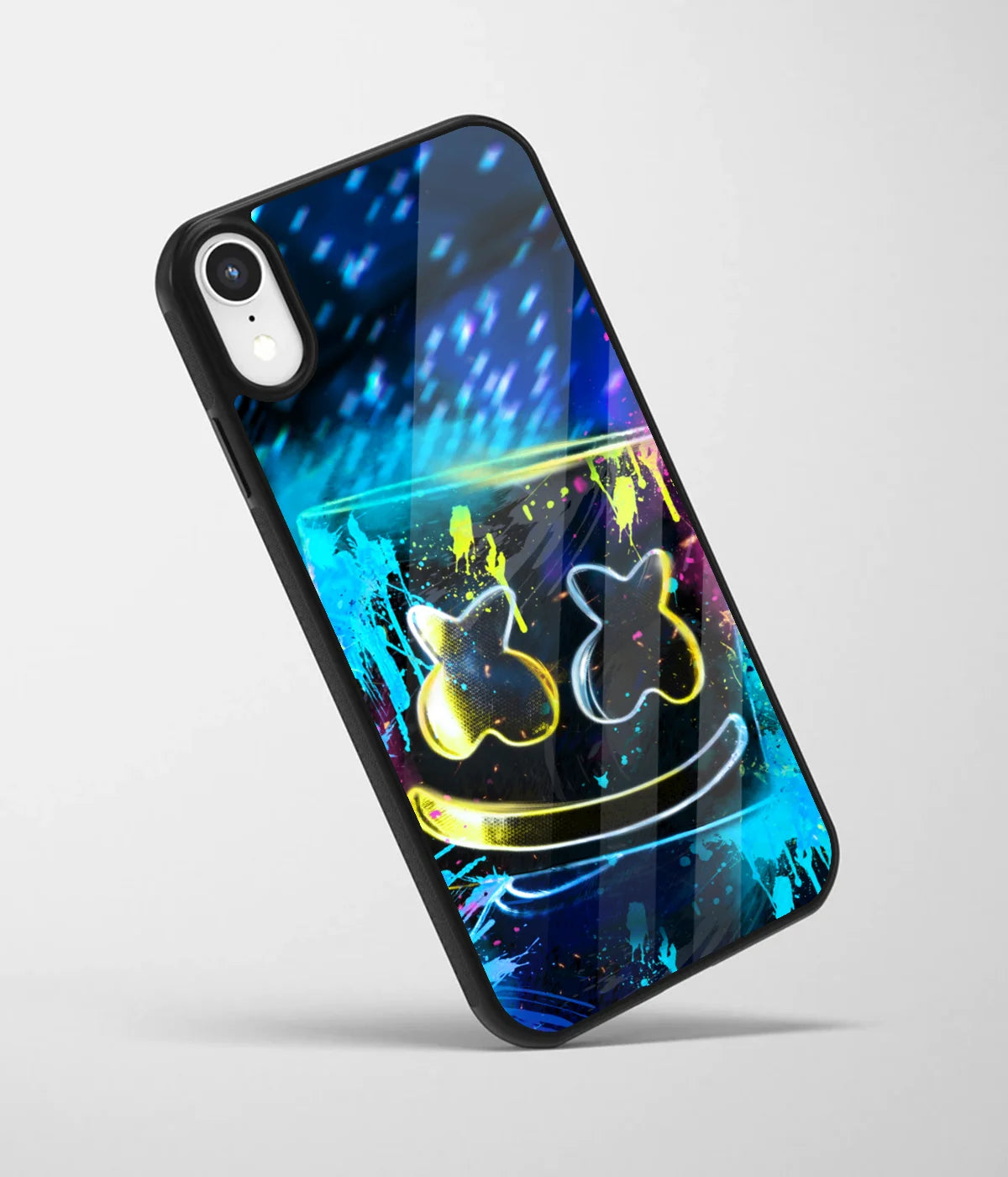 An angled view of a glass phone case featuring a vibrant design.