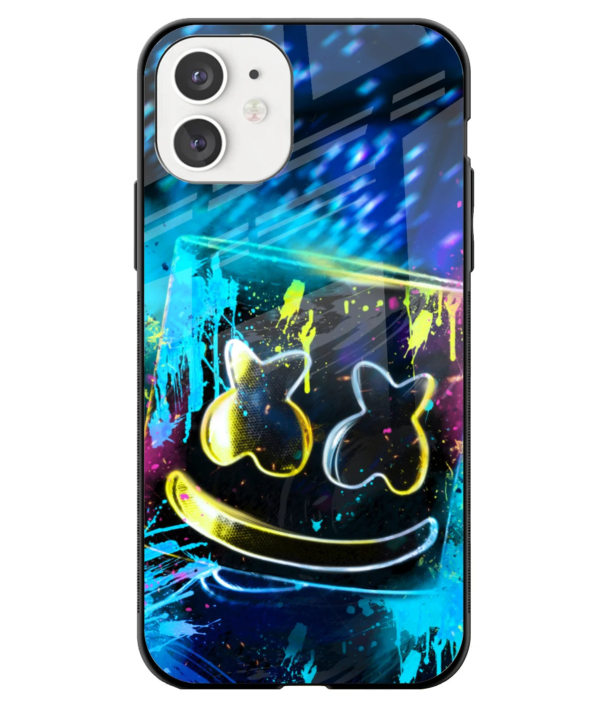 A front-on view of a glass phone case with a colorful design.