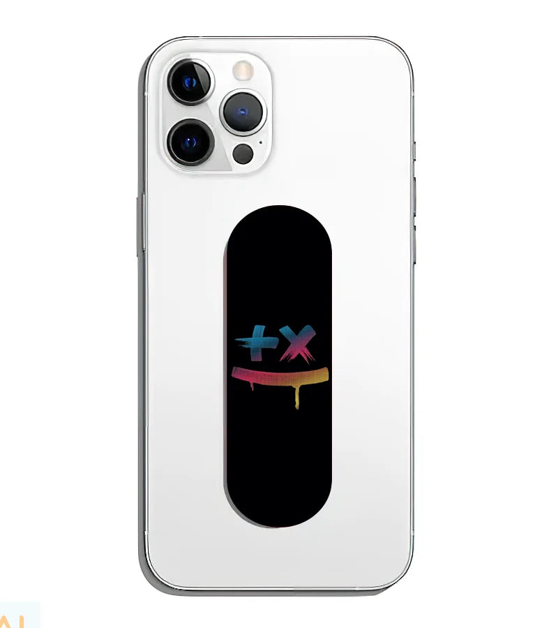 A phone grip slider applied to the back of a smartphone.