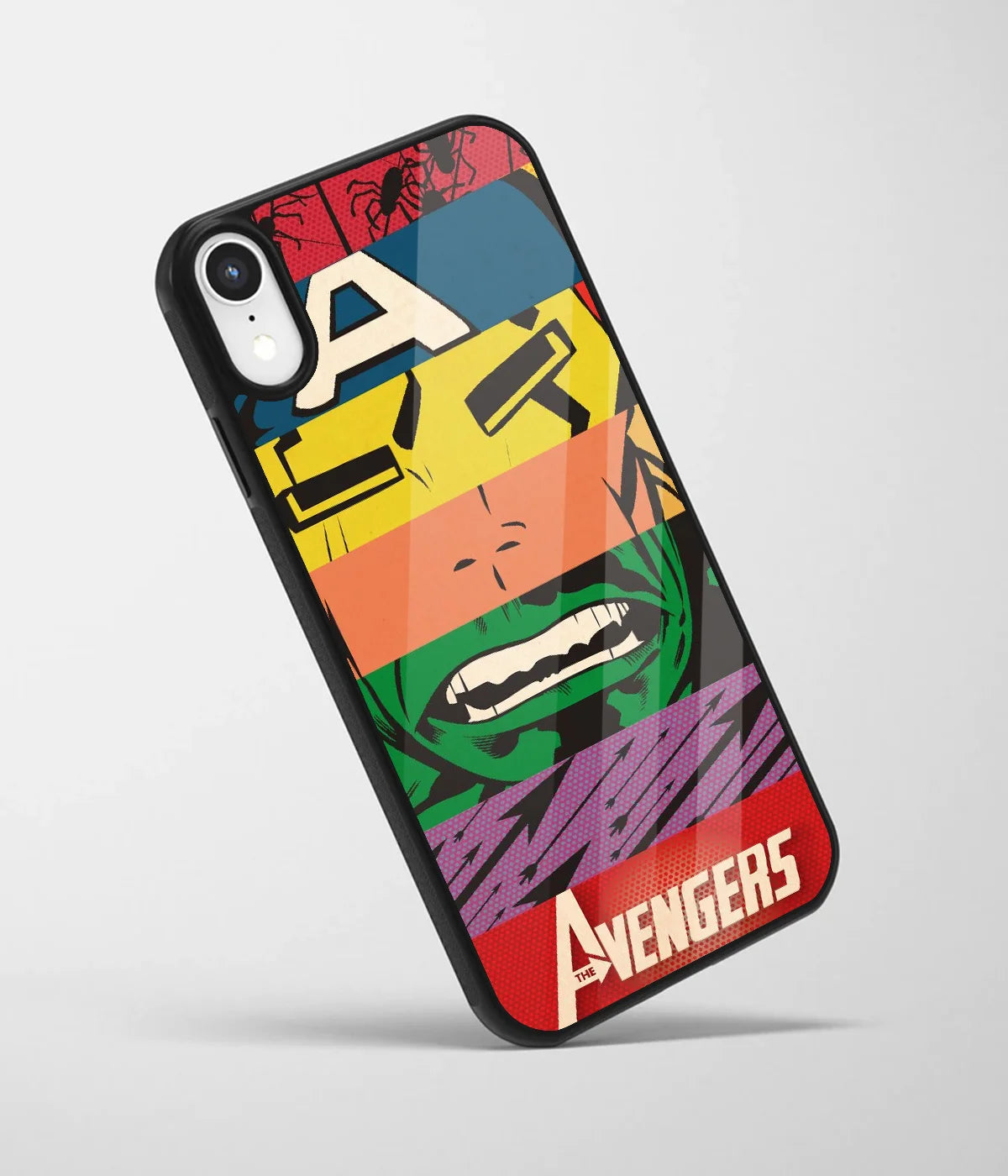 An angled view of a glass phone case featuring a vibrant design.