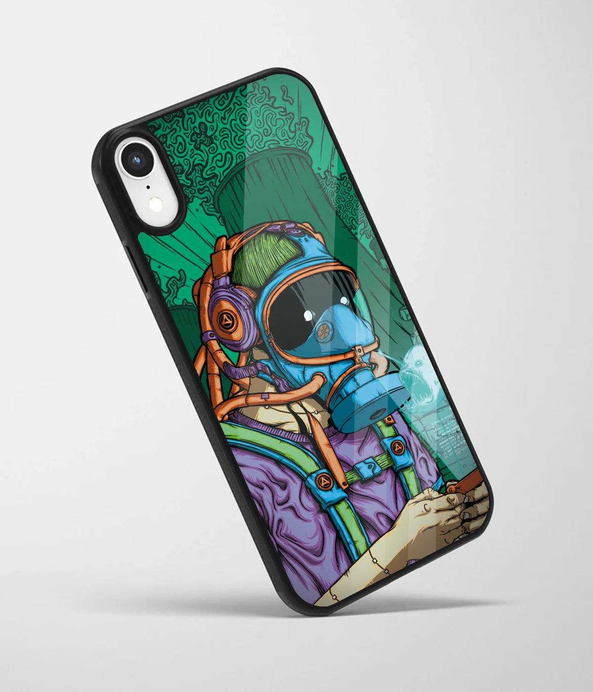 An angled view of a glass phone case featuring a vibrant design.