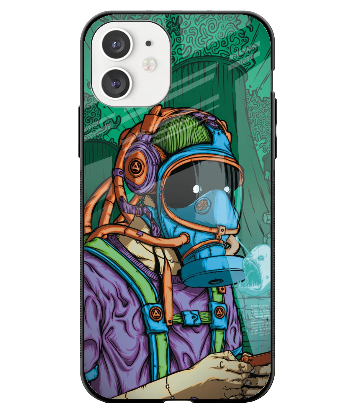 A front-on view of a glass phone case with a colorful design.