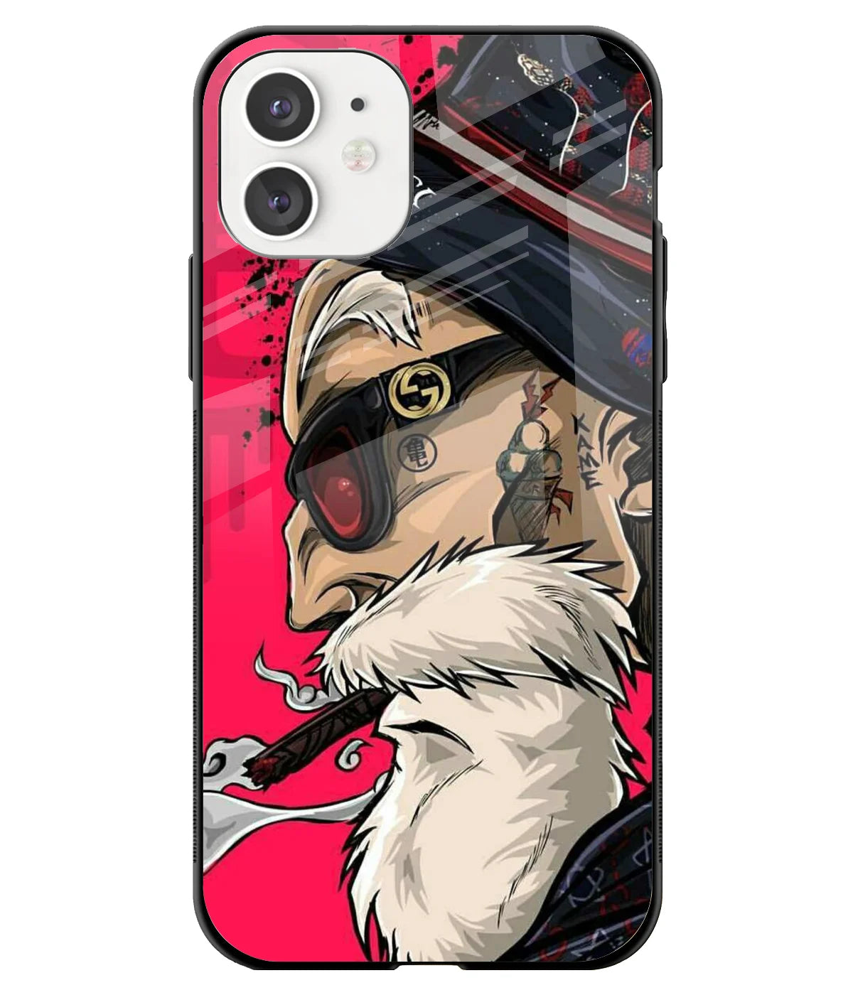 A front-on view of a glass phone case with a colorful design.