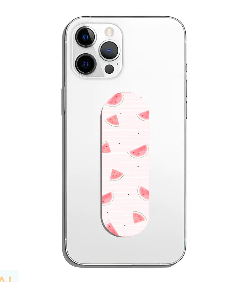 A phone grip slider applied to the back of a smartphone.