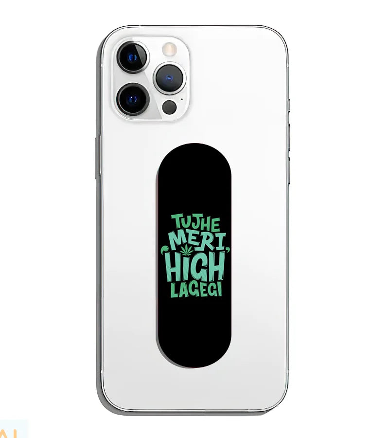 A phone grip slider applied to the back of a smartphone.