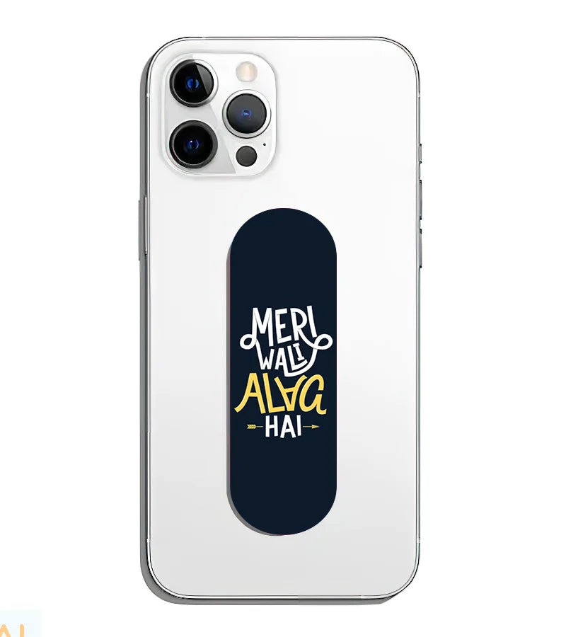A phone grip slider applied to the back of a smartphone.