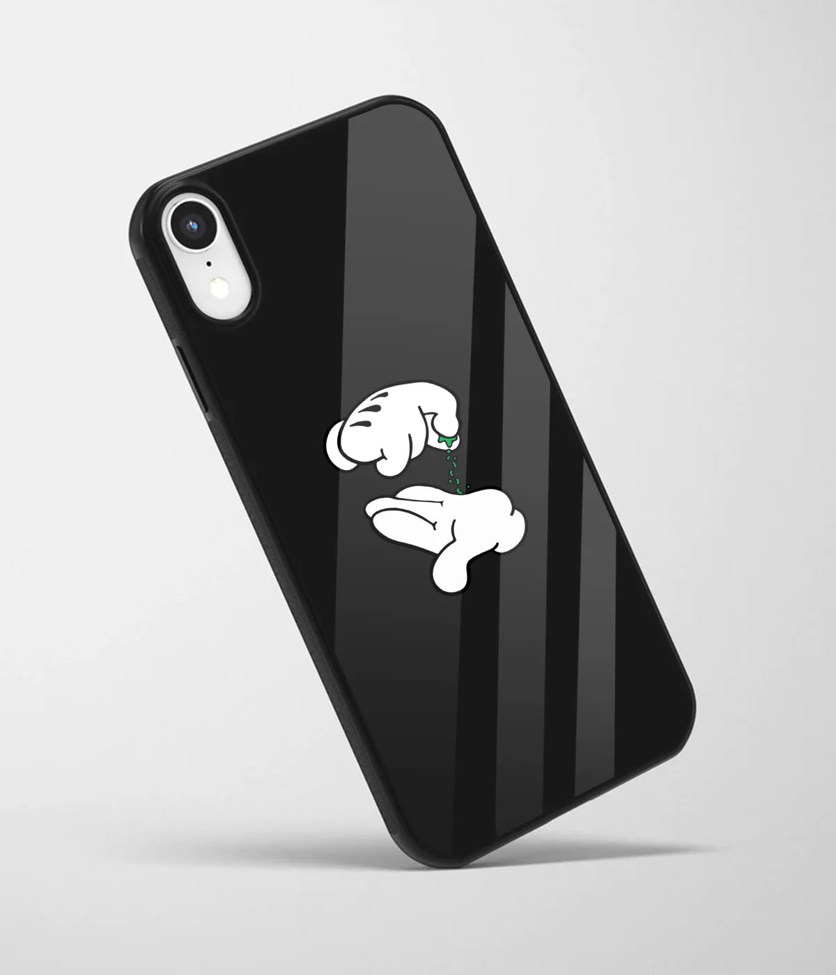 An angled view of a glass phone case featuring a vibrant design.