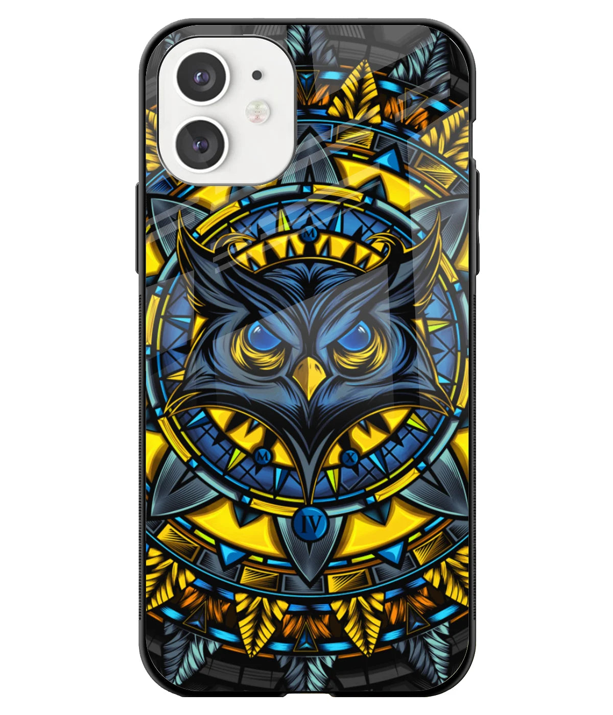 A front-on view of a glass phone case with a colorful design.