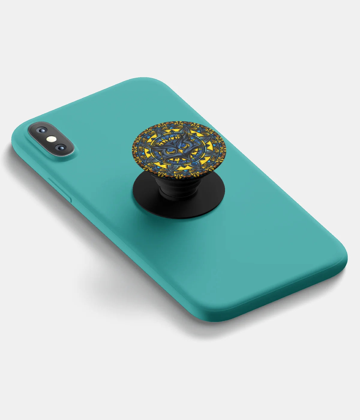 A top-down view of a phone grip holder attached to a mobile phone case on a white background