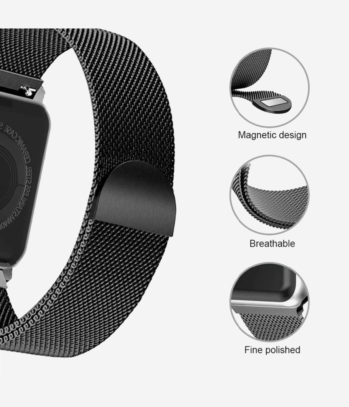 Image highlighting the magnetic design and breathability of the Milanese Loop Apple Watch band.