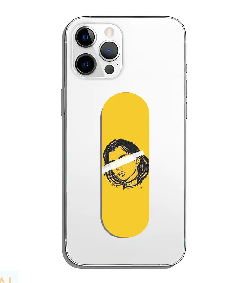 A phone grip slider applied to the back of a smartphone.
