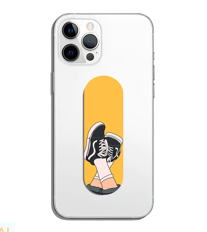 A phone grip slider applied to the back of a smartphone.