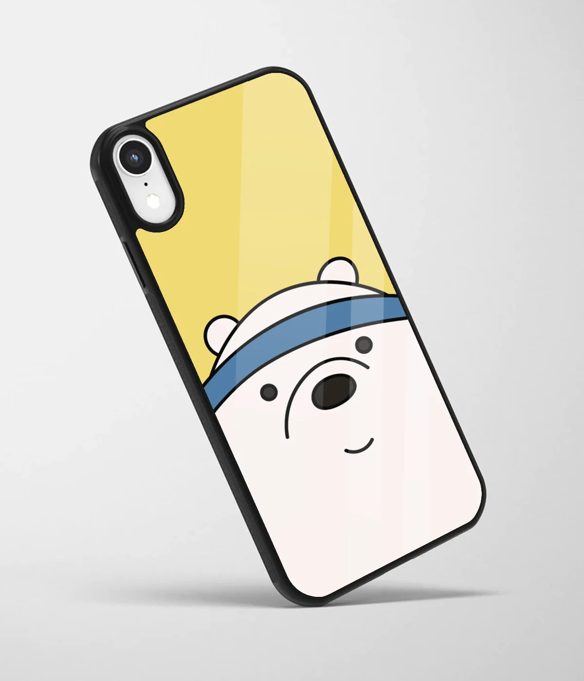 An angled view of a glass phone case featuring a vibrant design.