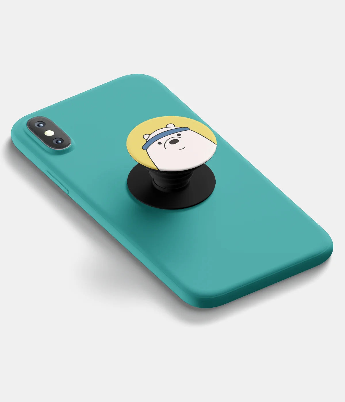 A top-down view of a phone grip holder attached to a mobile phone case on a white background