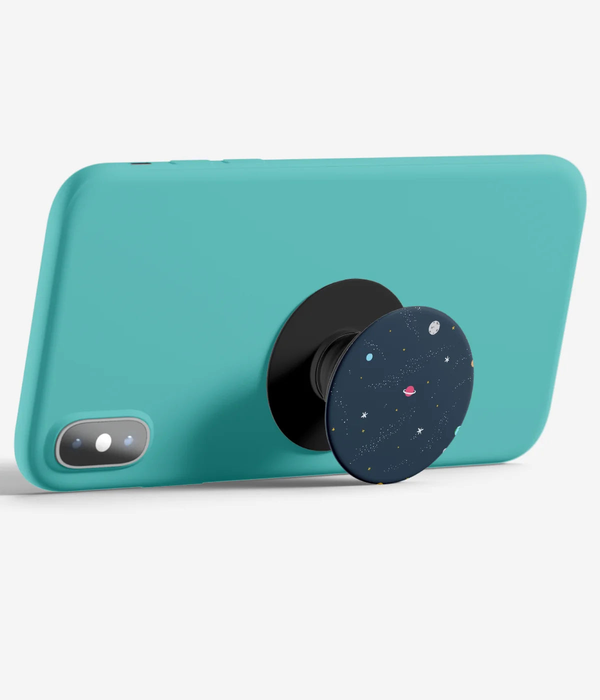 An image demonstrating how to use the phone grip as a stand to hold a mobile phone in landscape mode for hands-free viewing