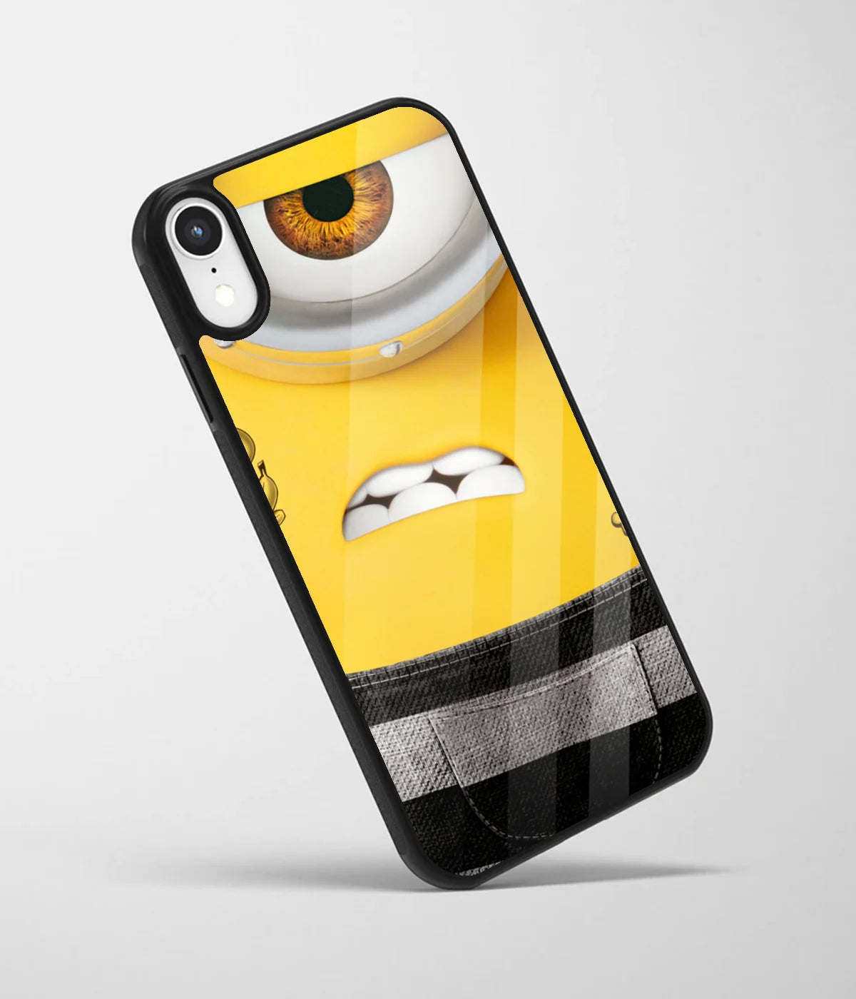 An angled view of a glass phone case featuring a vibrant design.