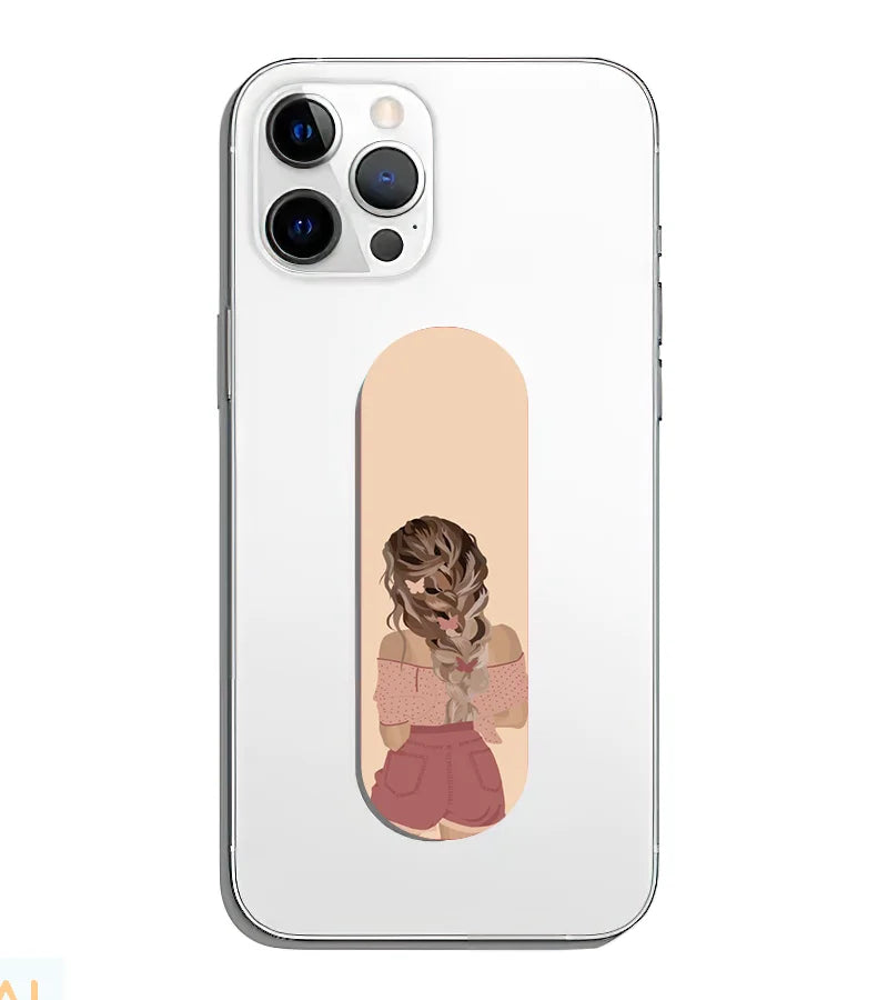 A phone grip slider applied to the back of a smartphone.