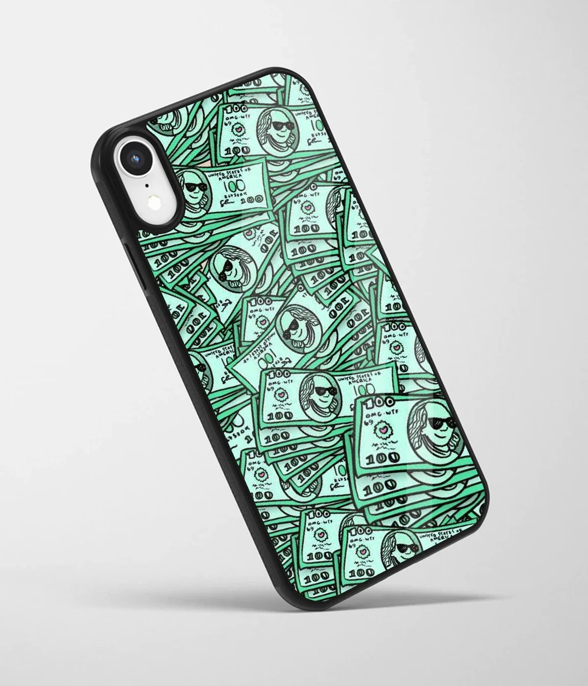An angled view of a glass phone case featuring a vibrant design.