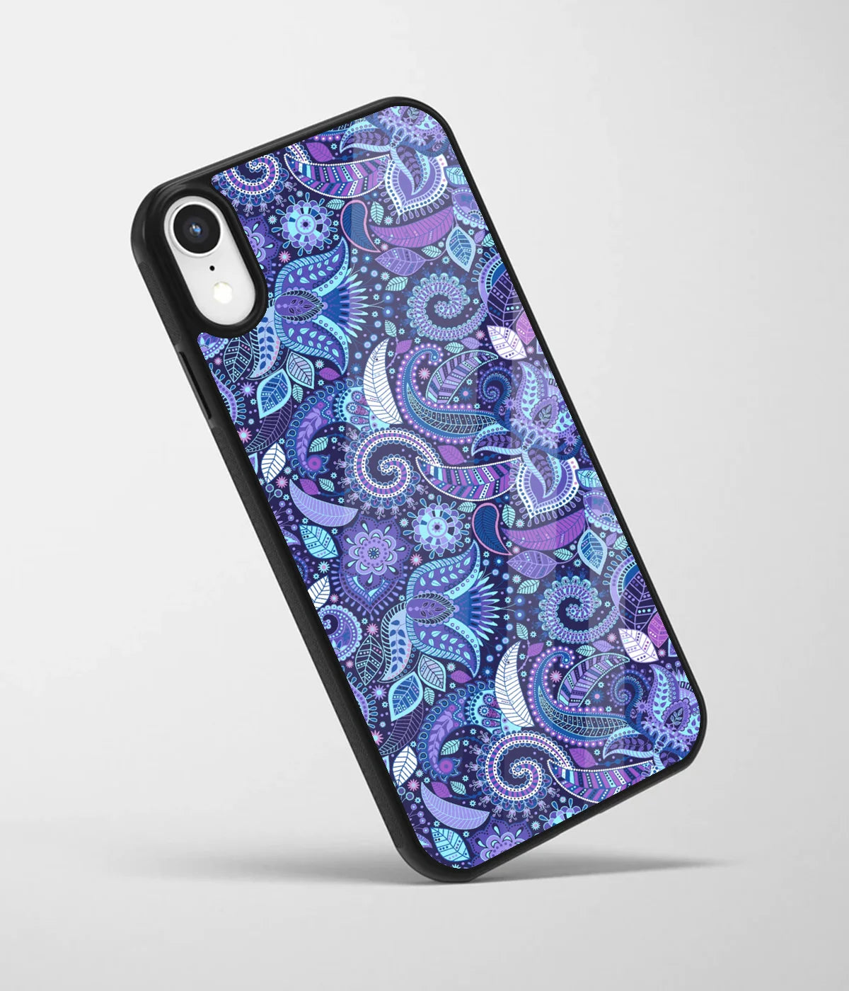 An angled view of a glass phone case featuring a vibrant design.