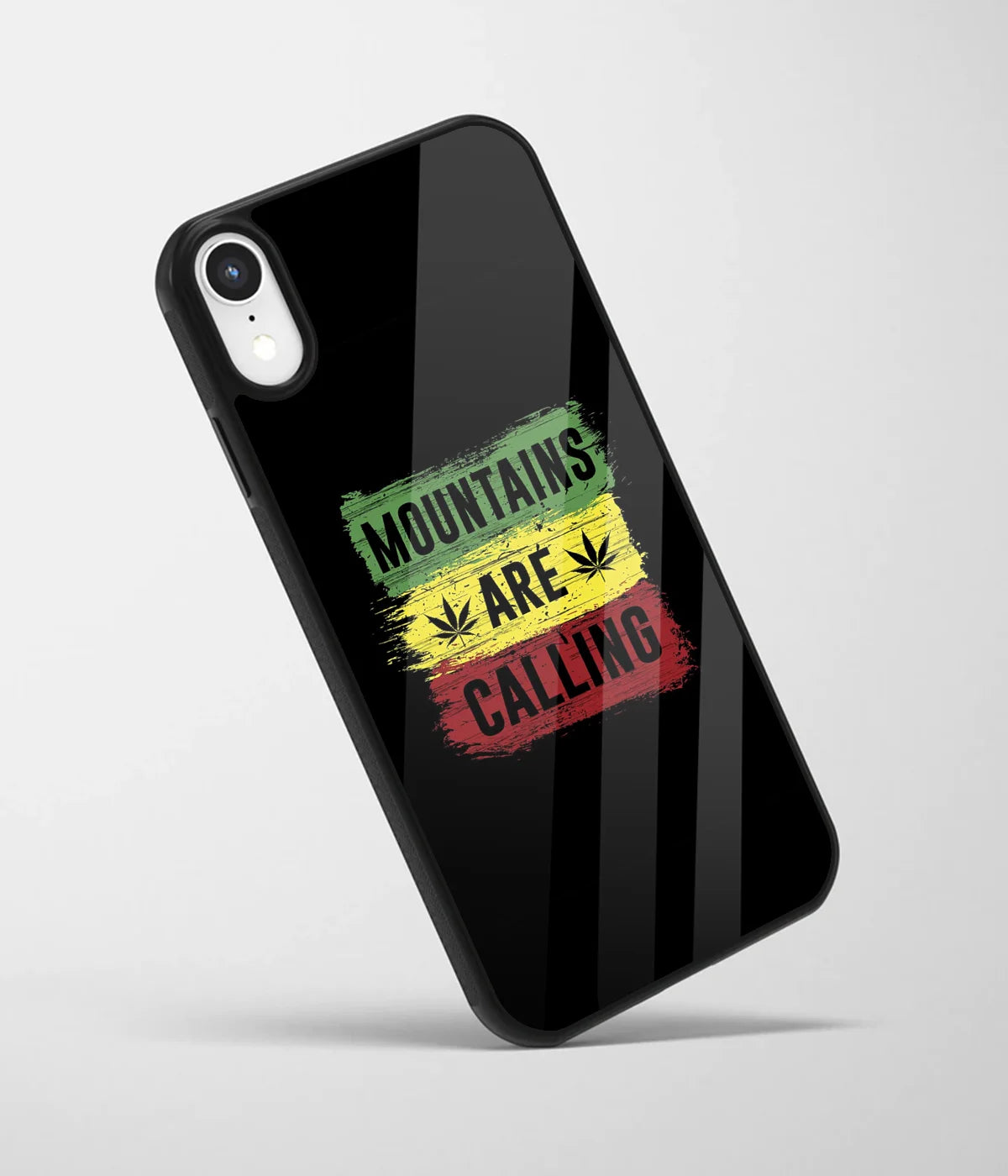 An angled view of a glass phone case featuring a vibrant design.