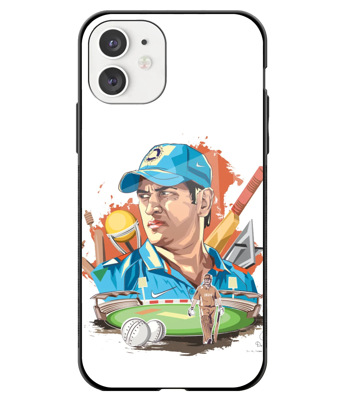A front-on view of a glass phone case with a colorful design.