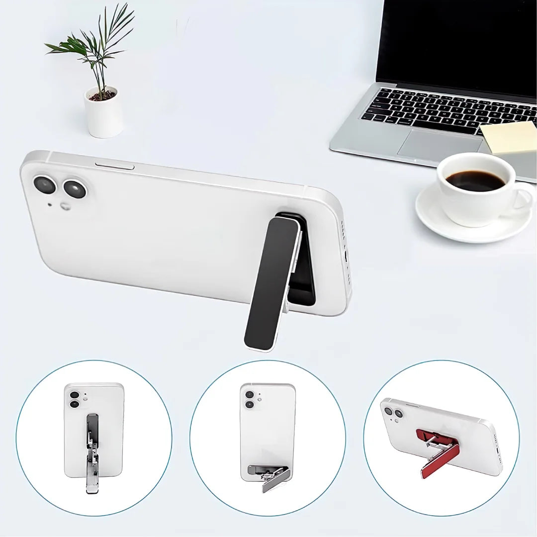 Phone stand with multiple angles displayed on a desk with a laptop and coffee cup.